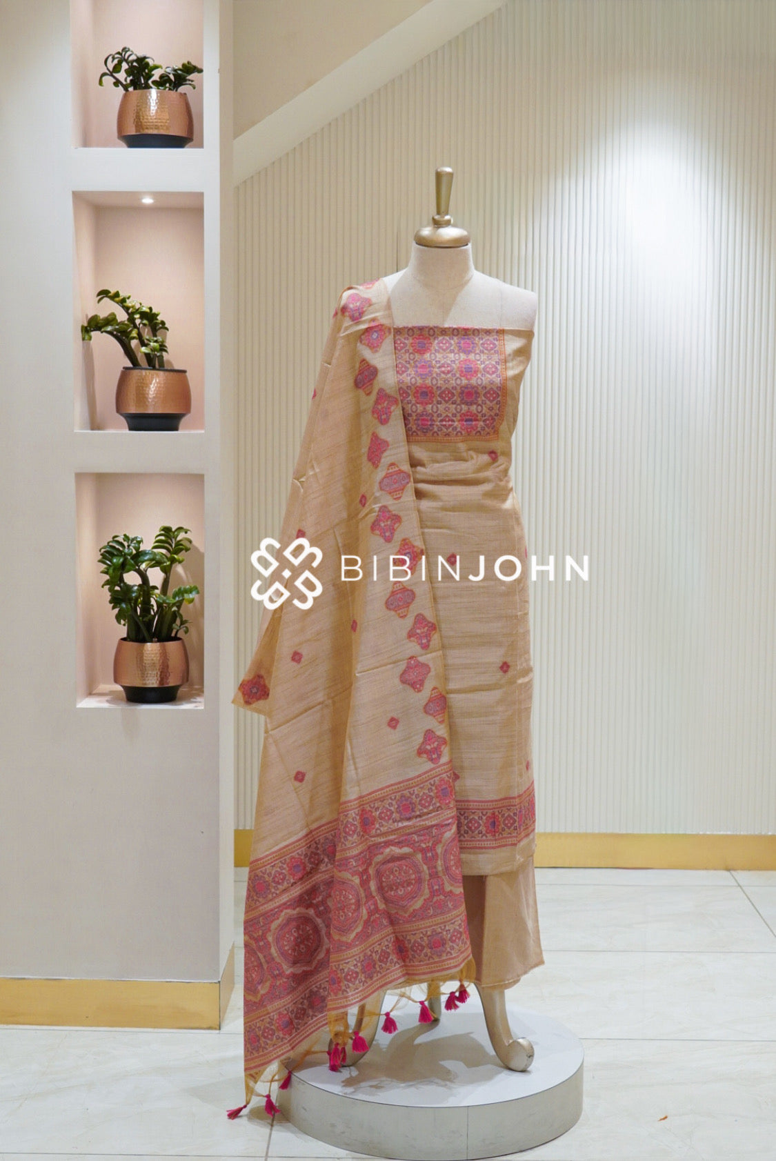 Printed Semi Silk Unstitched Salwar Suit Material Champagne Beige With Rani Pink BJ2758