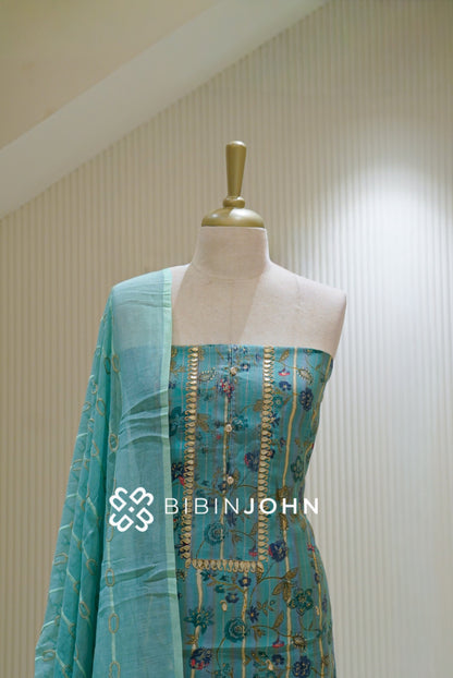 Printed Chanderi Embroidery Unstitched Salwar Suit Material Aqua Turquoise BJ2253