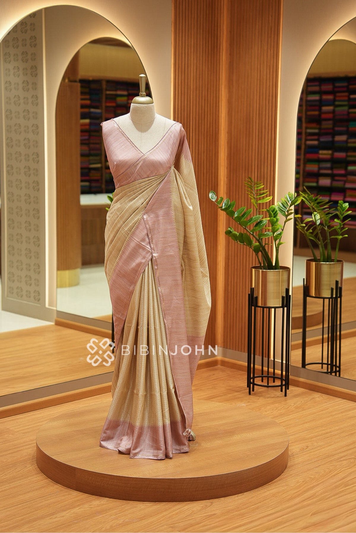 Semi Tussar Weaving Saree For Women Cream Beige With Dusty Rose Pink BJ2657