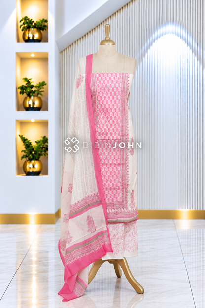 Cotton Embroidery Unstitched Salwar Suit Material Ivory White With Bright Pink BJ2097