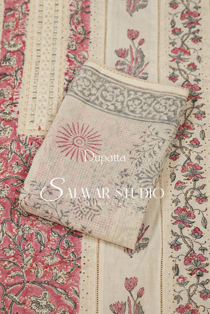 Embroidery Unstitched Salwar Suit Dress Material Off-White With Pink AC0315