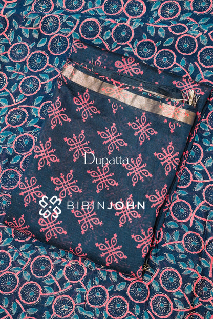 Printed Chanderi Unstitched Salwar Suit Material Navy Blue BJ1121