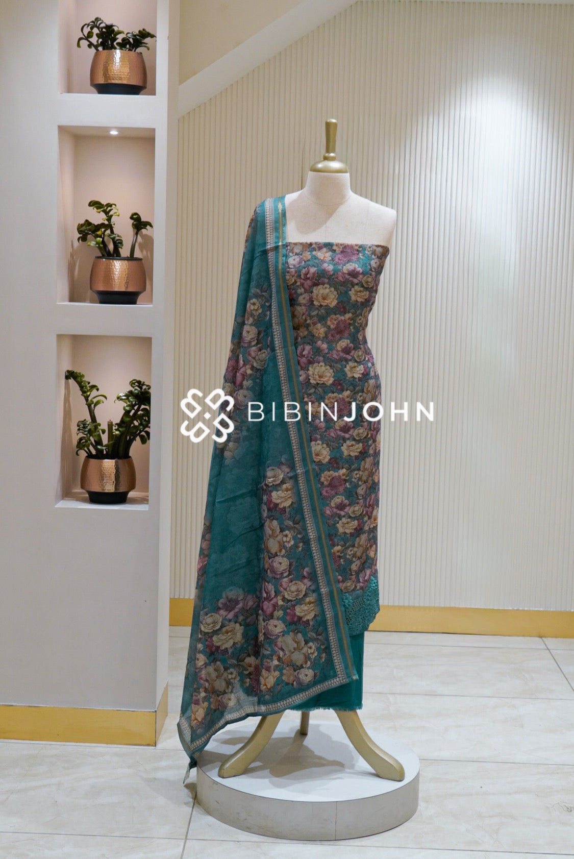 Printed Chanderi Unstitched Salwar Suit Material  Teal Blue BJ2512