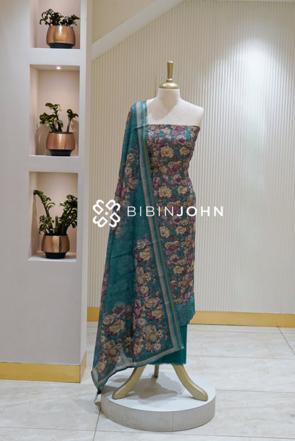 Printed Chanderi Unstitched Salwar Suit Material  Teal Blue BJ2512