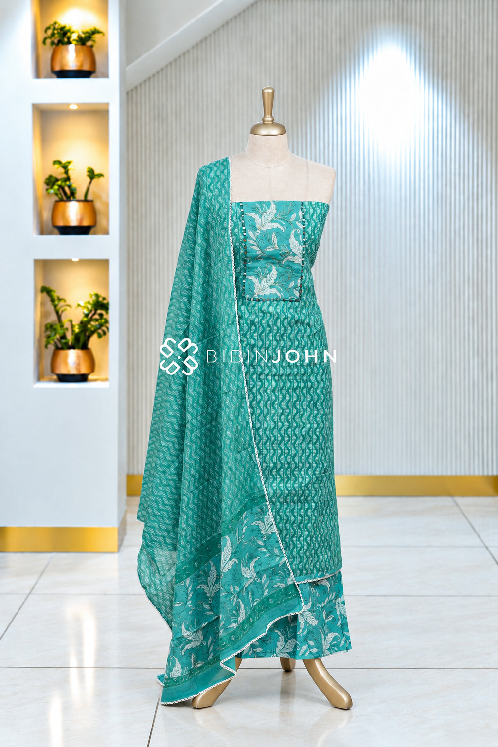 Cotton Embroidery Unstitched Salwar Suit Material Sea Green BJ2063