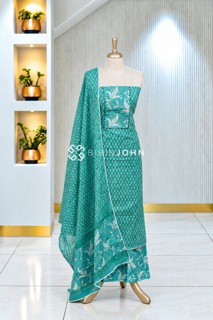 Cotton Embroidery Unstitched Salwar Suit Material Sea Green BJ2063