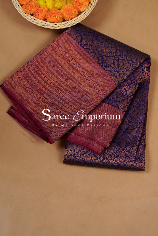 Semi Silk Brocade Saree For Women Navy blue and maroon BJ0567