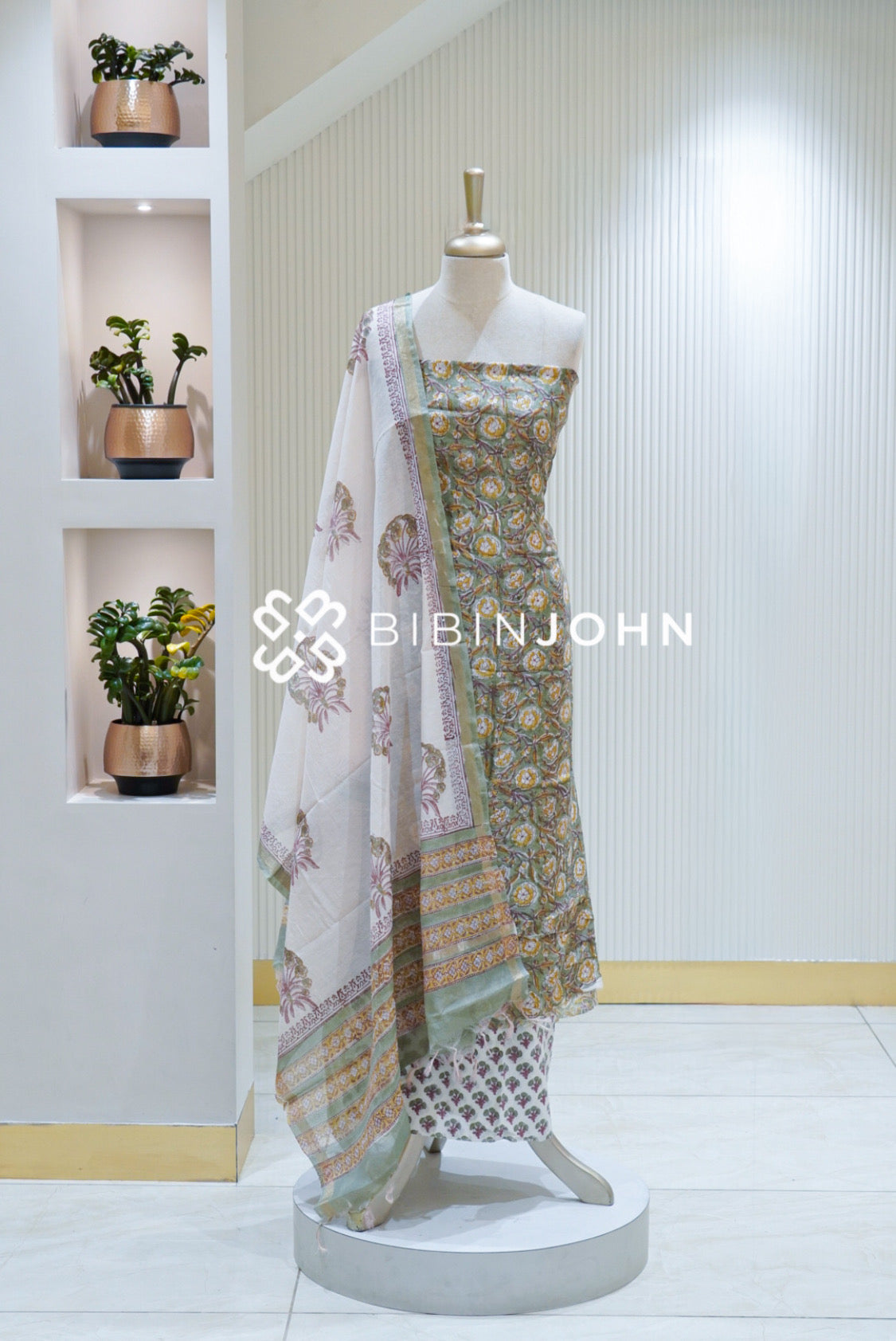 Printed Chanderi Unstitched Salwar Suit Material Sage Green BJ1690