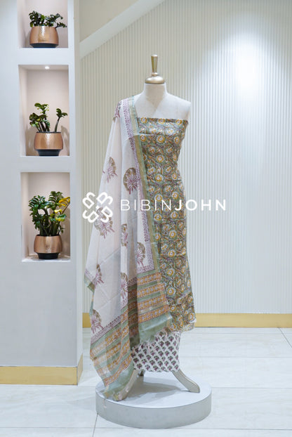 Printed Chanderi Unstitched Salwar Suit Material Sage Green BJ1690