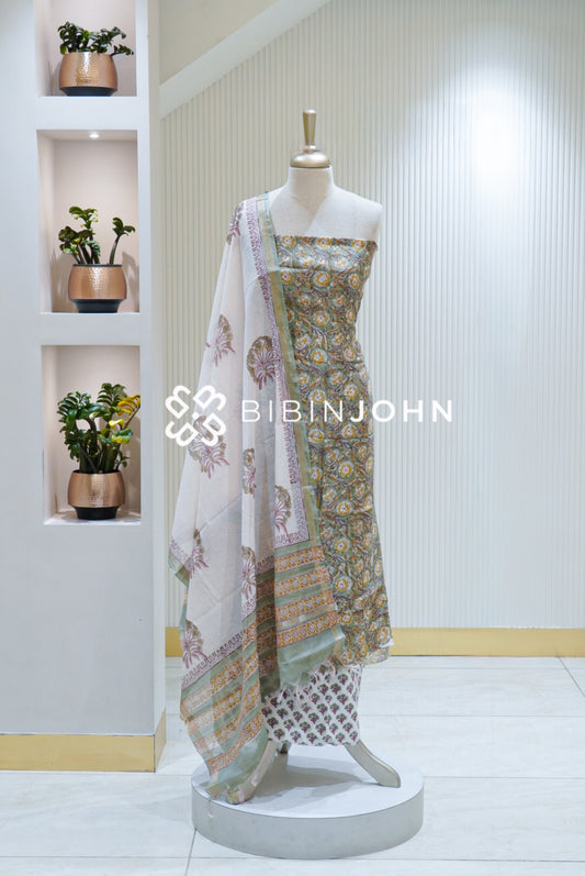 Printed Chanderi Unstitched Salwar Suit Material Sage Green BJ1690