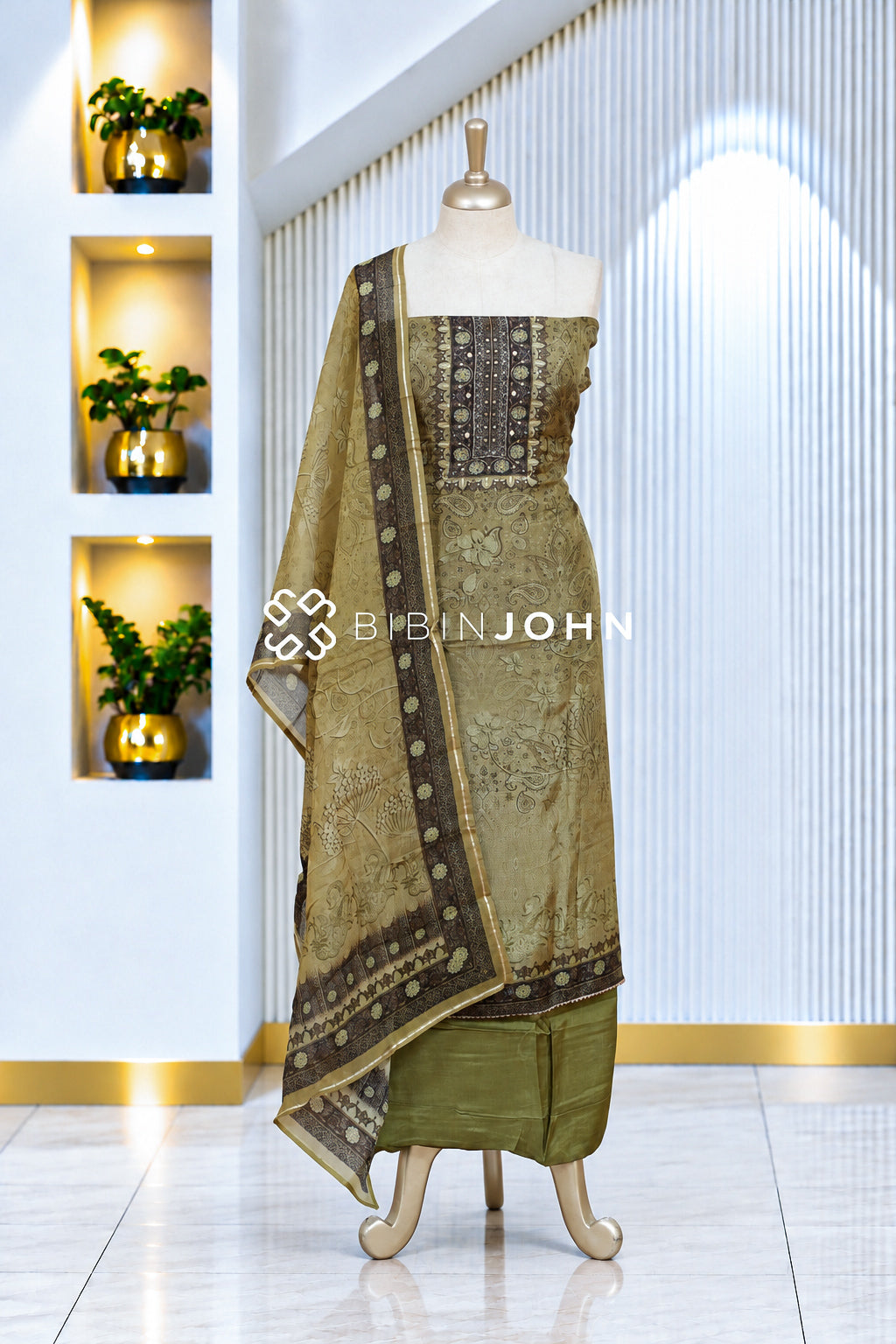 Muslin Embroidery Unstitched Salwar Suit Material Olive Brown BJ2082