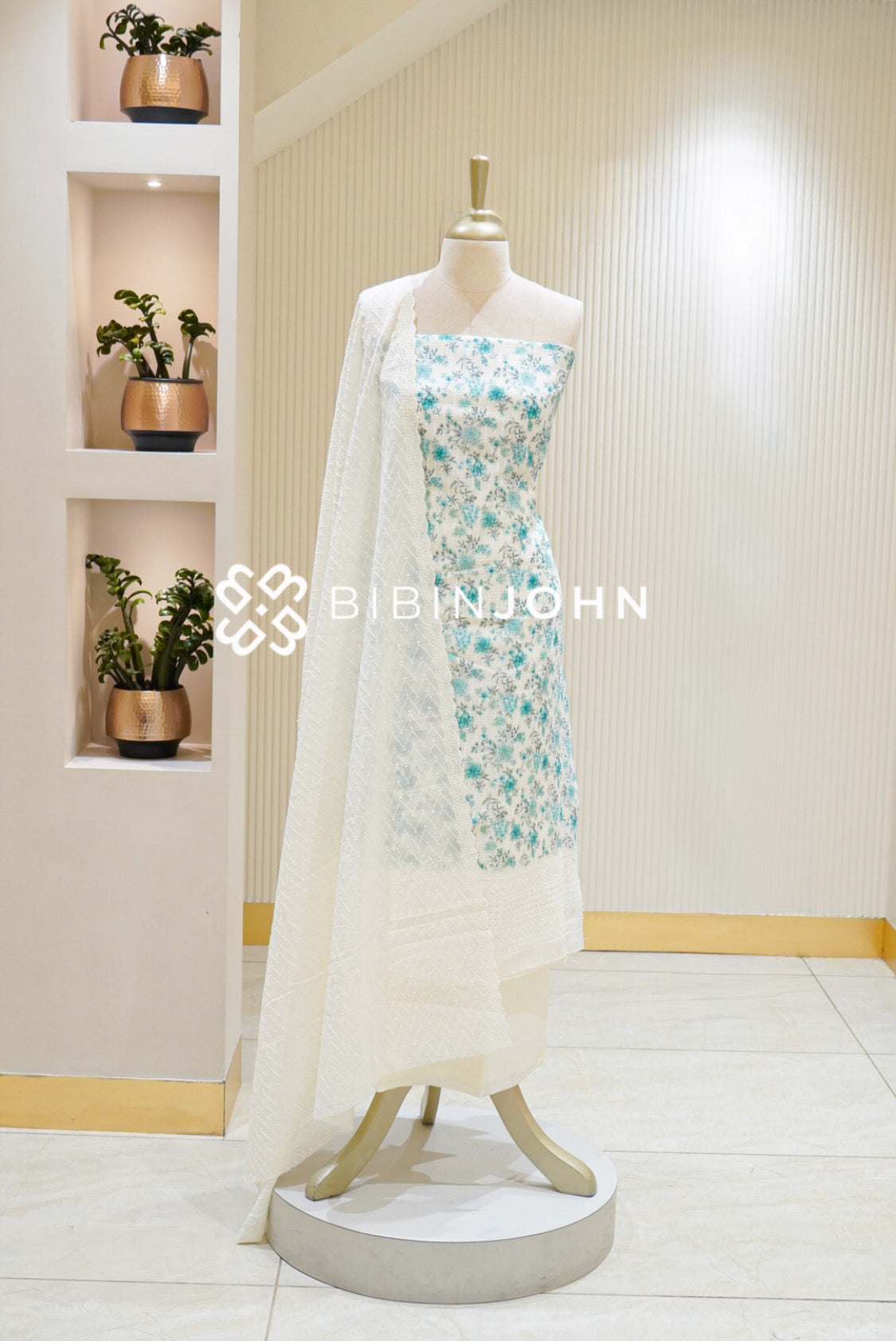 Cotton Embroidery Unstitched Salwar Suit Material Ivory White With Turquoise Blue BJ2622