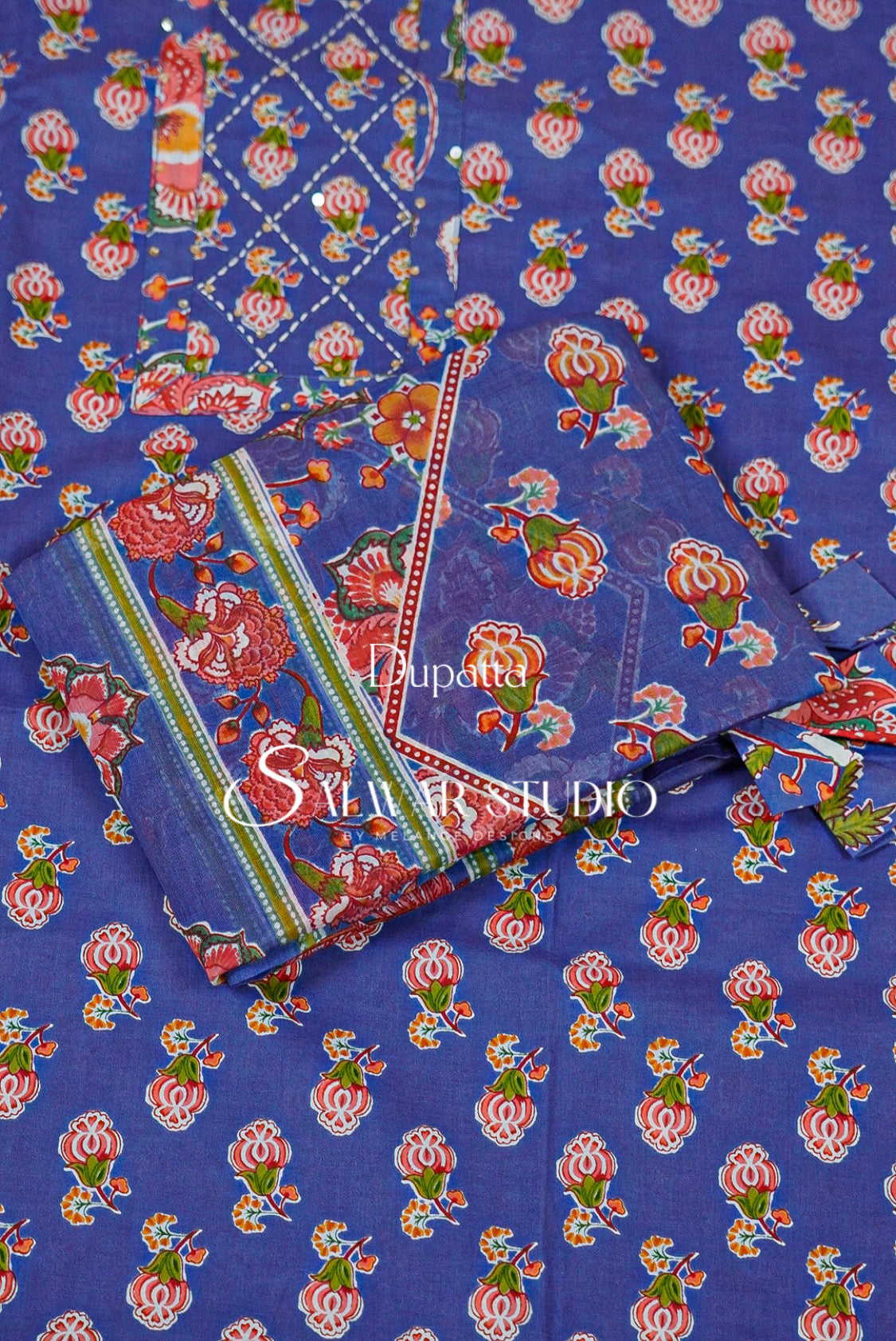 Printed Cotton Unstitched Salwar Suit Dress Material Royal Blue AC0166