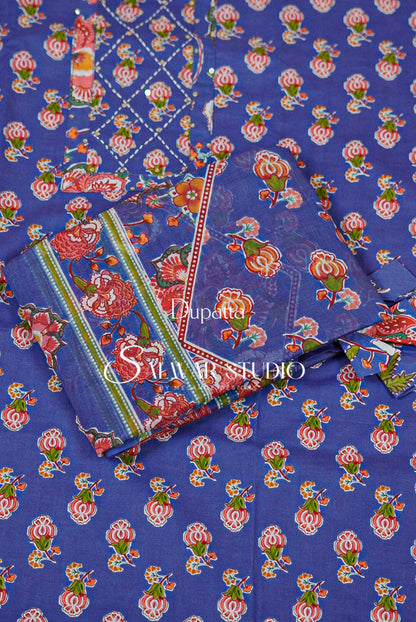 Printed Cotton Unstitched Salwar Suit Dress Material Royal Blue AC0166