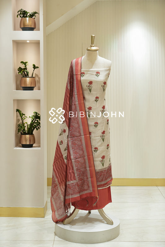 Chanderi Printed Unstitched Salwar Suit Materials  Ivory with Coral Pink BJ2215