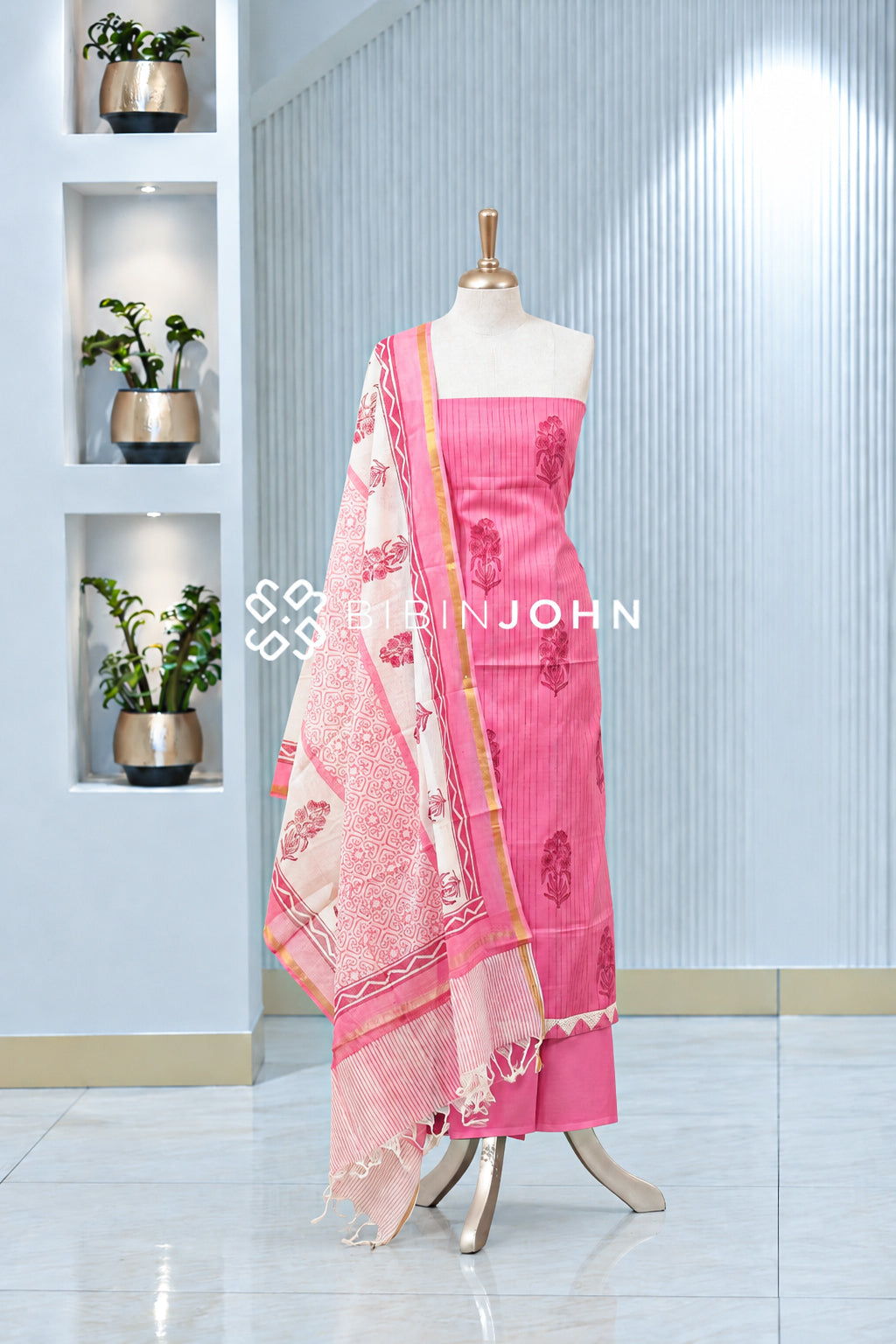 Printed Cotton Unstitched Salwar Suit Material Bright Rose Pink BJ2028