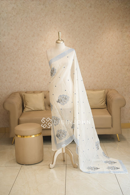 Chanderi Silk Dupatta For Women Ivory White With Powder Blue BJ2393