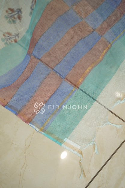 Cotton Cotta Dupatta For Women Ivory White With Pastel Turquoise BJ2396