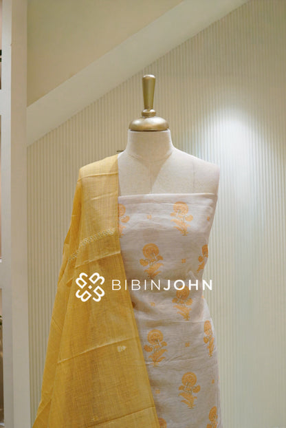 Printed Chanderi Unstitched Salwar Suit Material Off White With  Mustard Yellow BJ2752