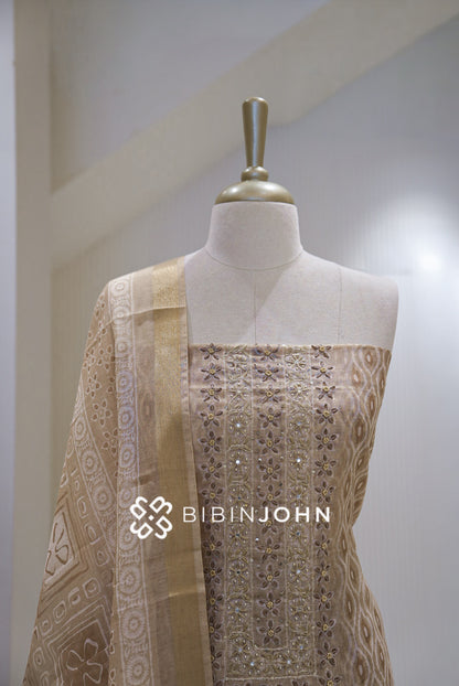 Chanderi Embroidery Unstitched Salwar Suit Material Champagne Beige BJ2303