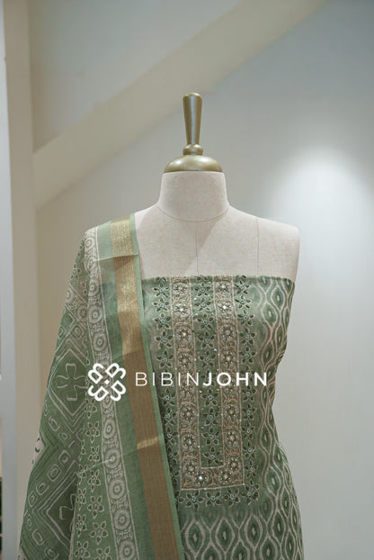 Semi Silk Embroidery Unstitched Salwar Suit Material Sage Green BJ2304