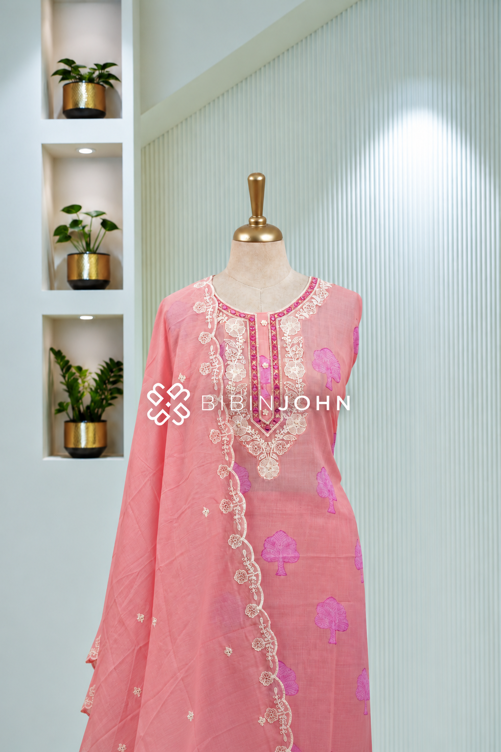 Cotton Embroidery Unstitched Salwar Suit Material Peach Pink BJ1828
