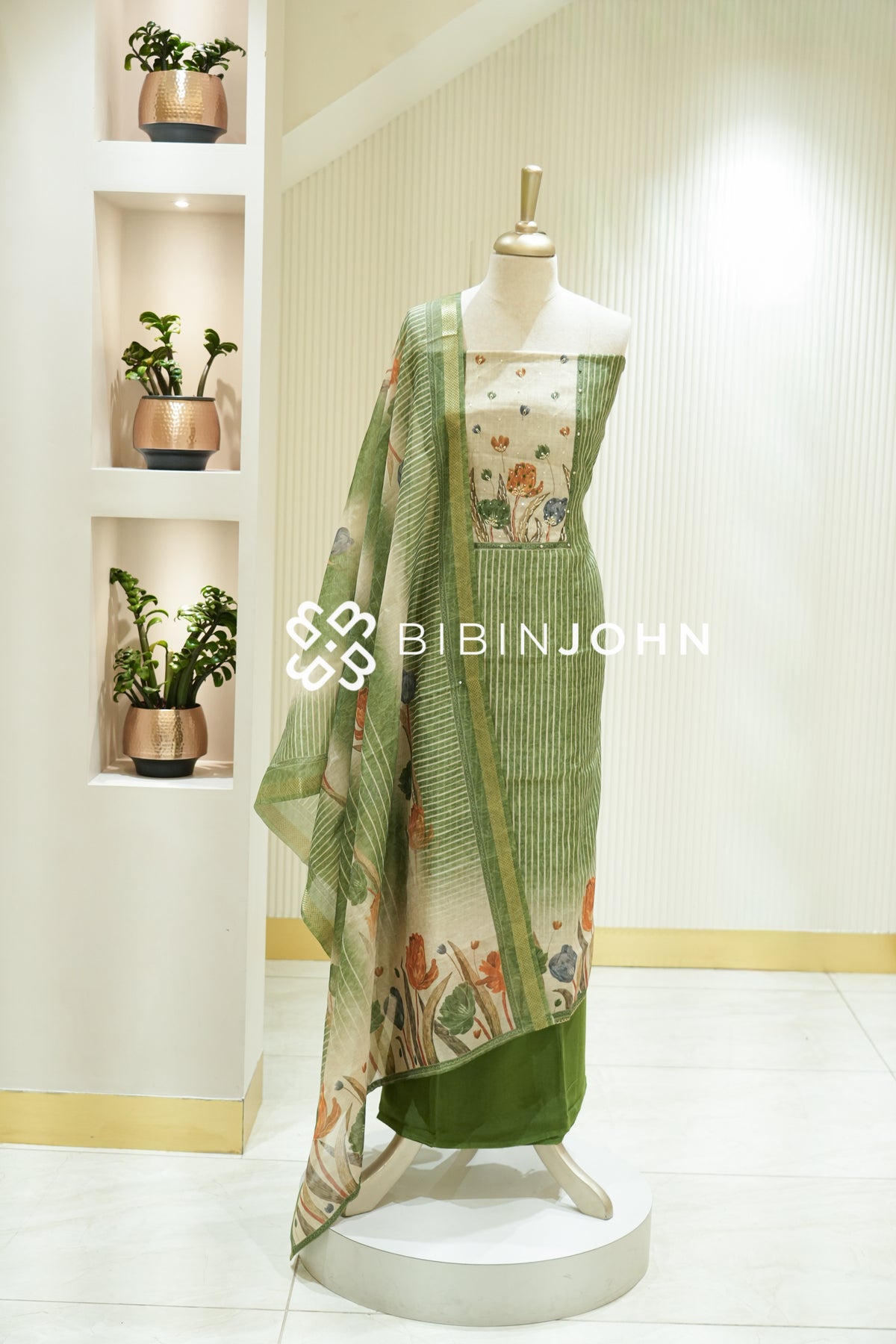 Semi Silk Embroidery Unstitched Salwar Suit Material Olive Green BJ2229
