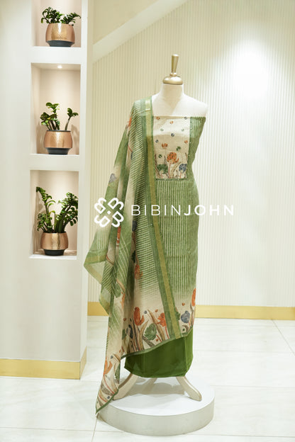 Semi Silk Embroidery Unstitched Salwar Suit Material Olive Green BJ2229