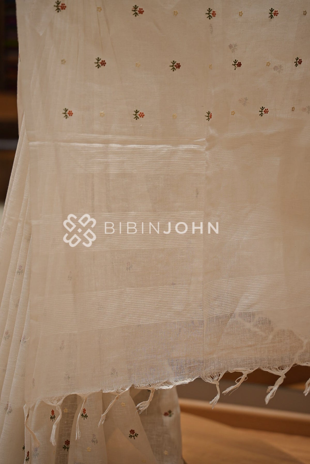 Linen Embroidery Saree Ivory-White BJ0944
