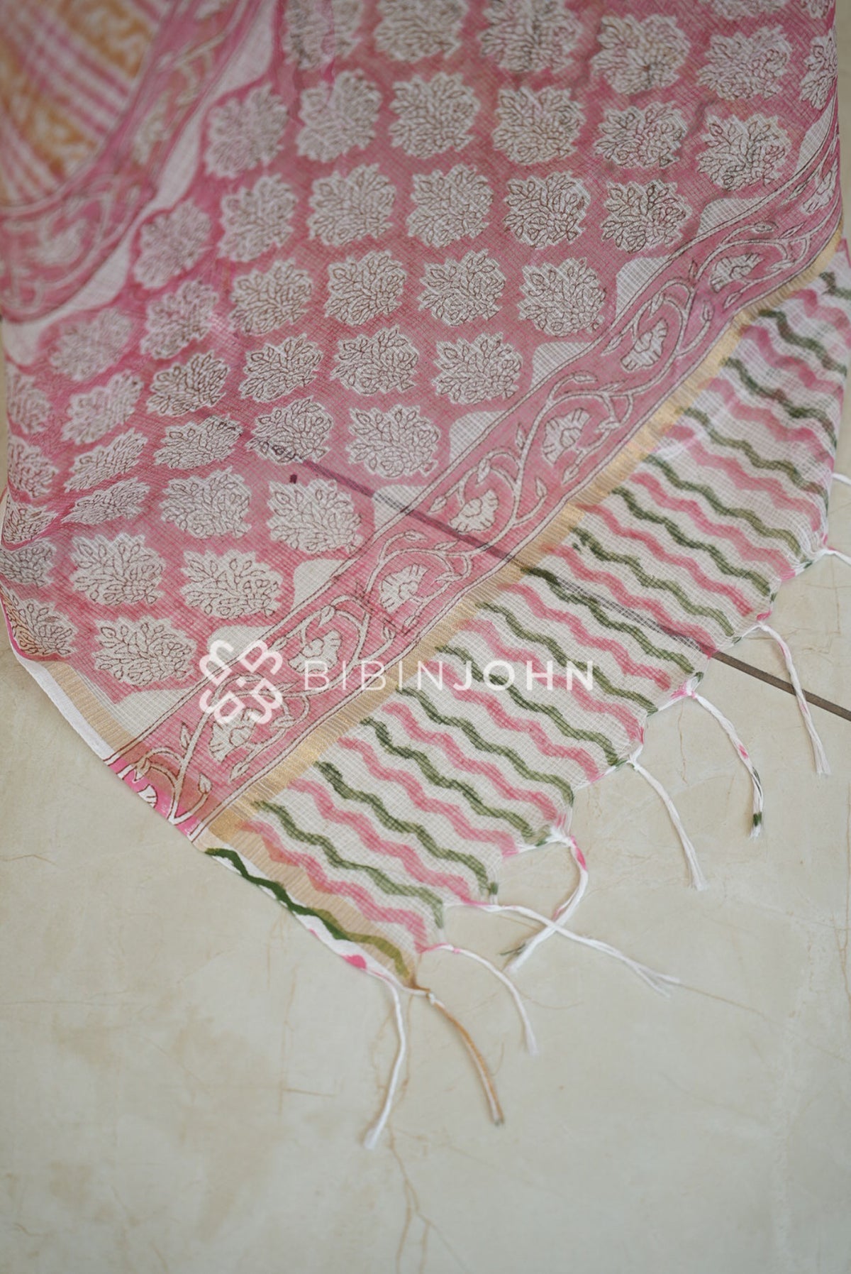 Cotton Cotta Dupatta For Women Ivory White with Baby Pink BJ2394