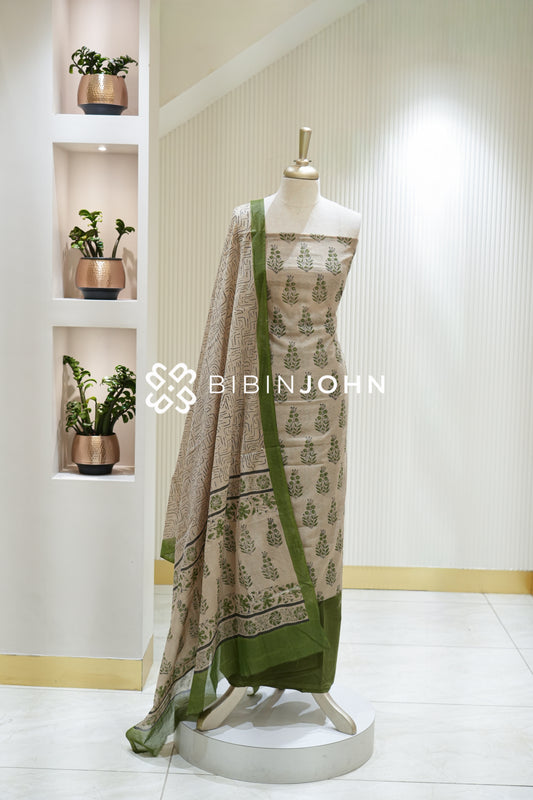 Chanderi Printed Unstitched Salwar Suit Materials  Green, Cream & Muted Grey  BJ2219
