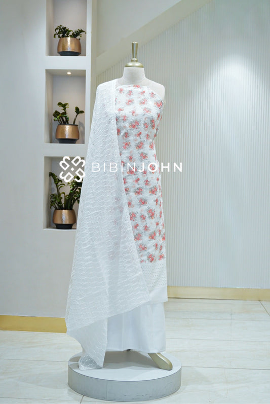 Cotton Embroidery Unstitched Salwar Suit Material White BJ2118