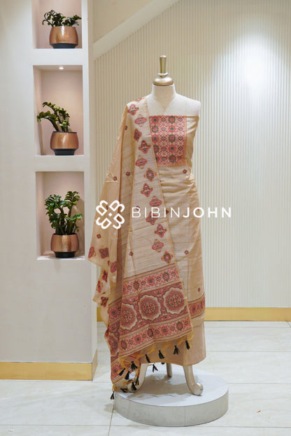 Printed Semi Silk Unstitched Salwar Suit Material Champagne Beige With Coral Pink BJ2760