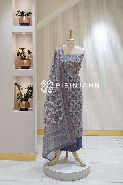 Printed Tissue Linen Embroidery Unstitched Salwar Suit Material Dusty Lavender Blue BJ2509