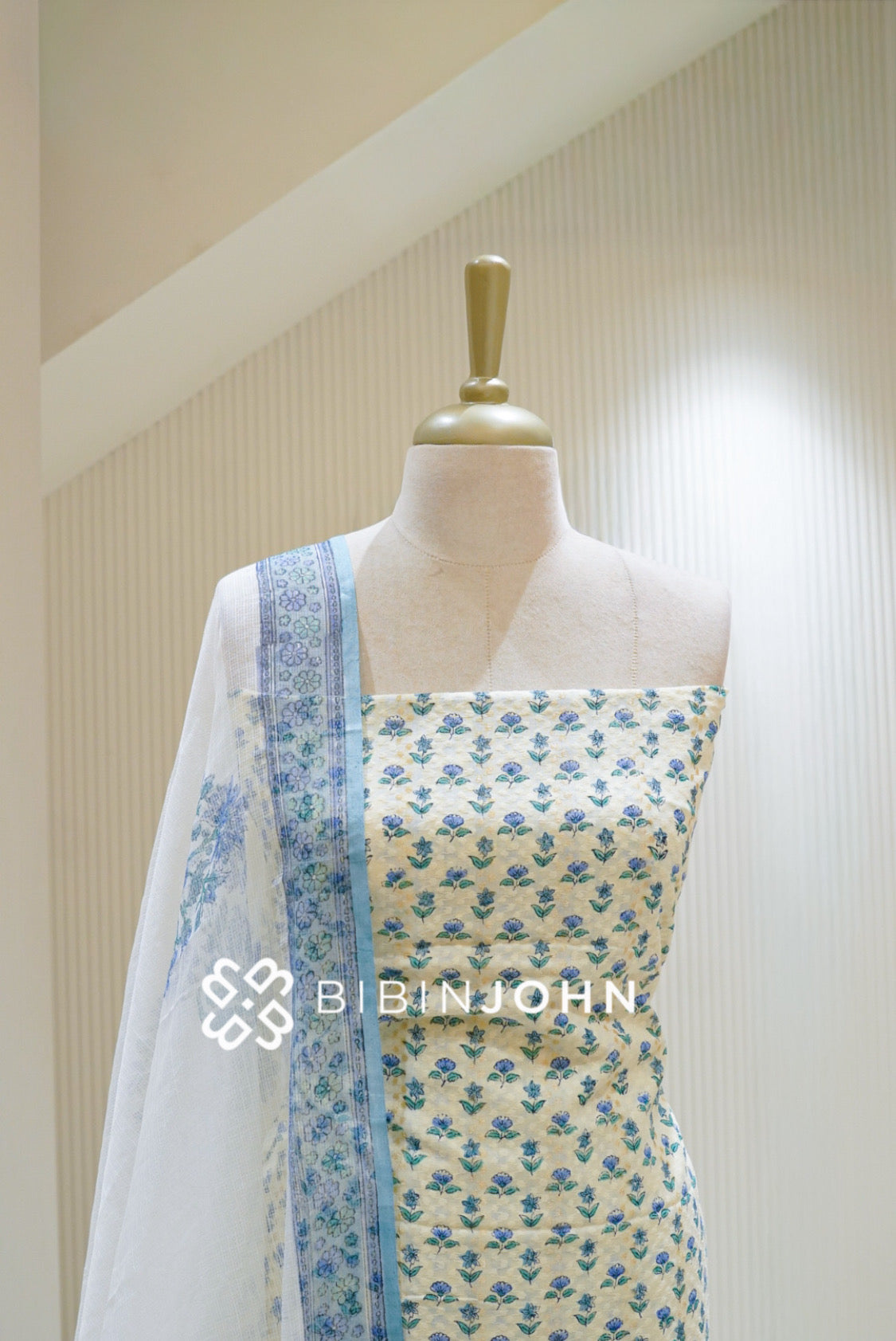 Printed Cotton Unstitiched Salwar Suit Material Ivory Cream with Aqua Blue BJ1896