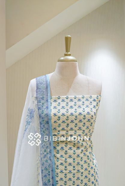 Printed Cotton Unstitiched Salwar Suit Material Ivory Cream with Aqua Blue BJ1896