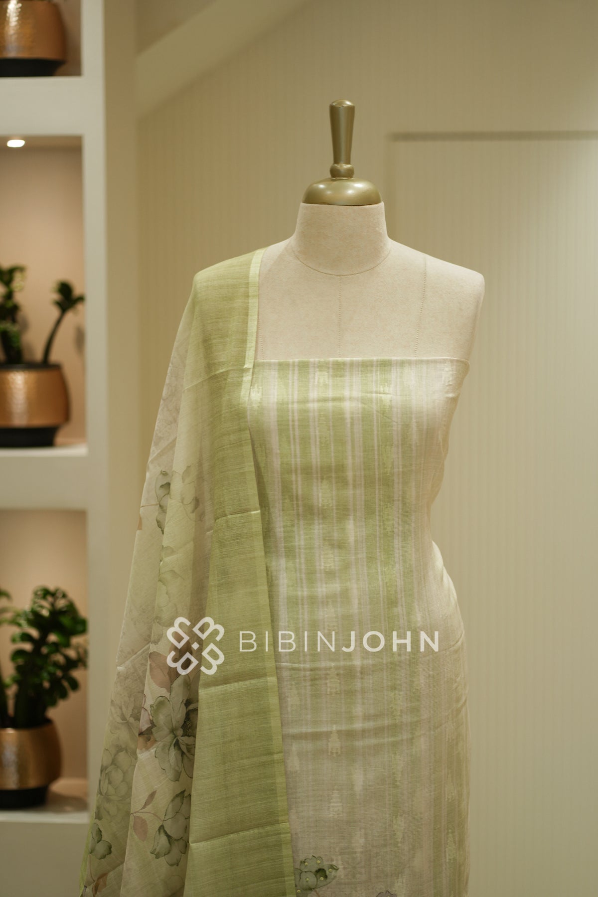 Printed Art Linen Unstitched Salwar Suit Material  Pastel Pistachio Green BJ2375