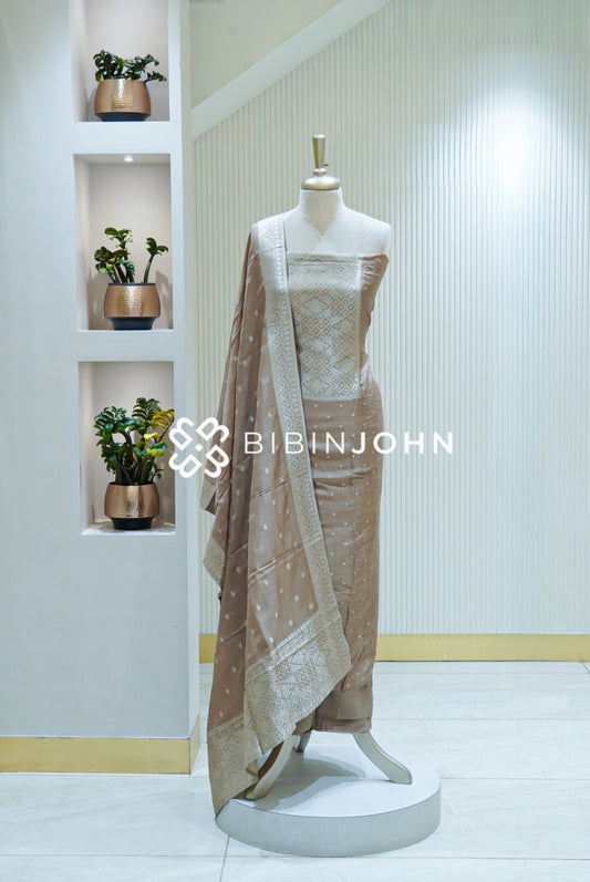 Silk Banarasi Unstitched Salwar Suit Materials Champagne Beige BJ1688