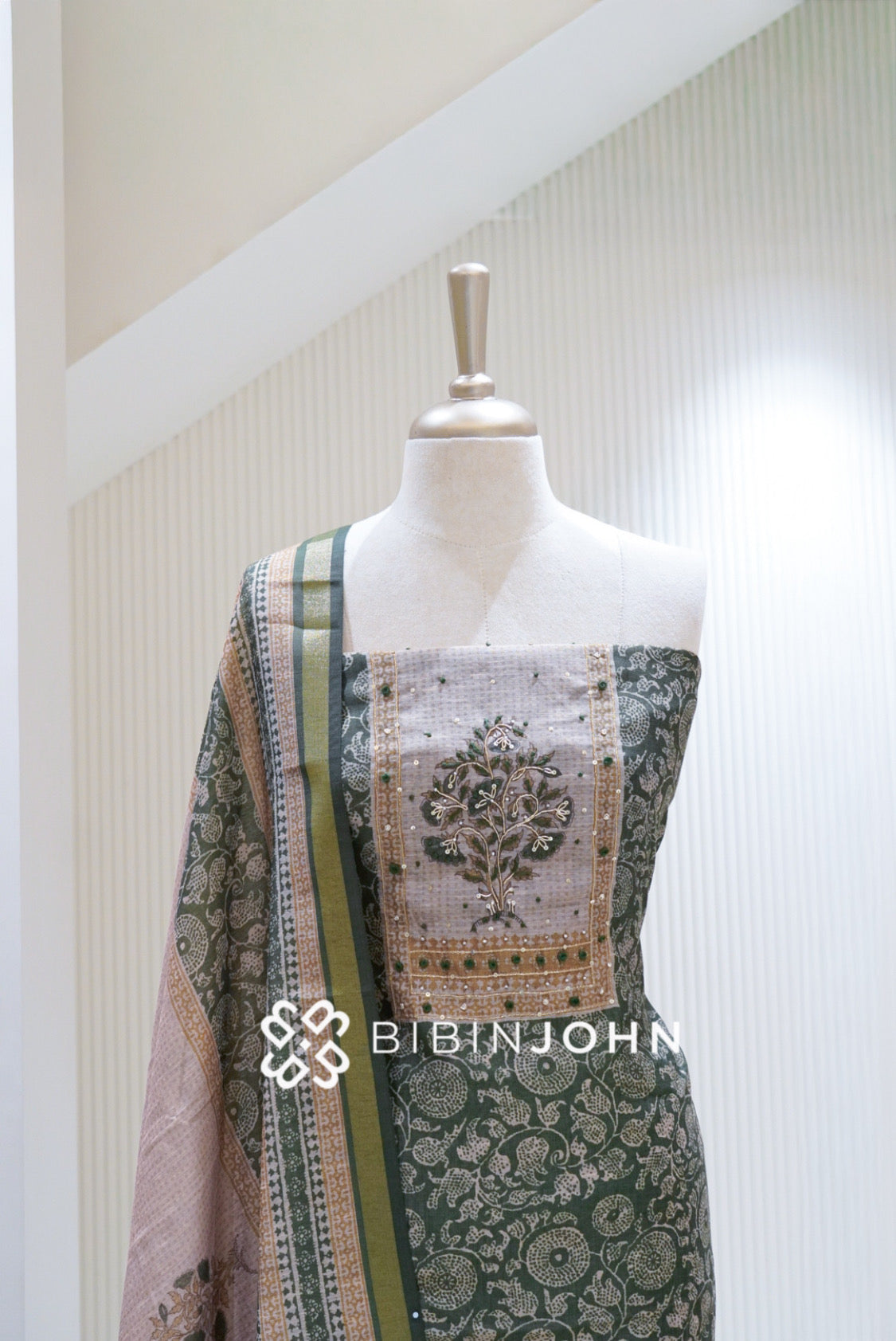 Printed Silk Embroidery Unstitched Salwar Suit Material Bottle Green BJ1705
