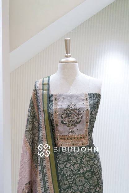 Printed Silk Embroidery Unstitched Salwar Suit Material Bottle Green BJ1705
