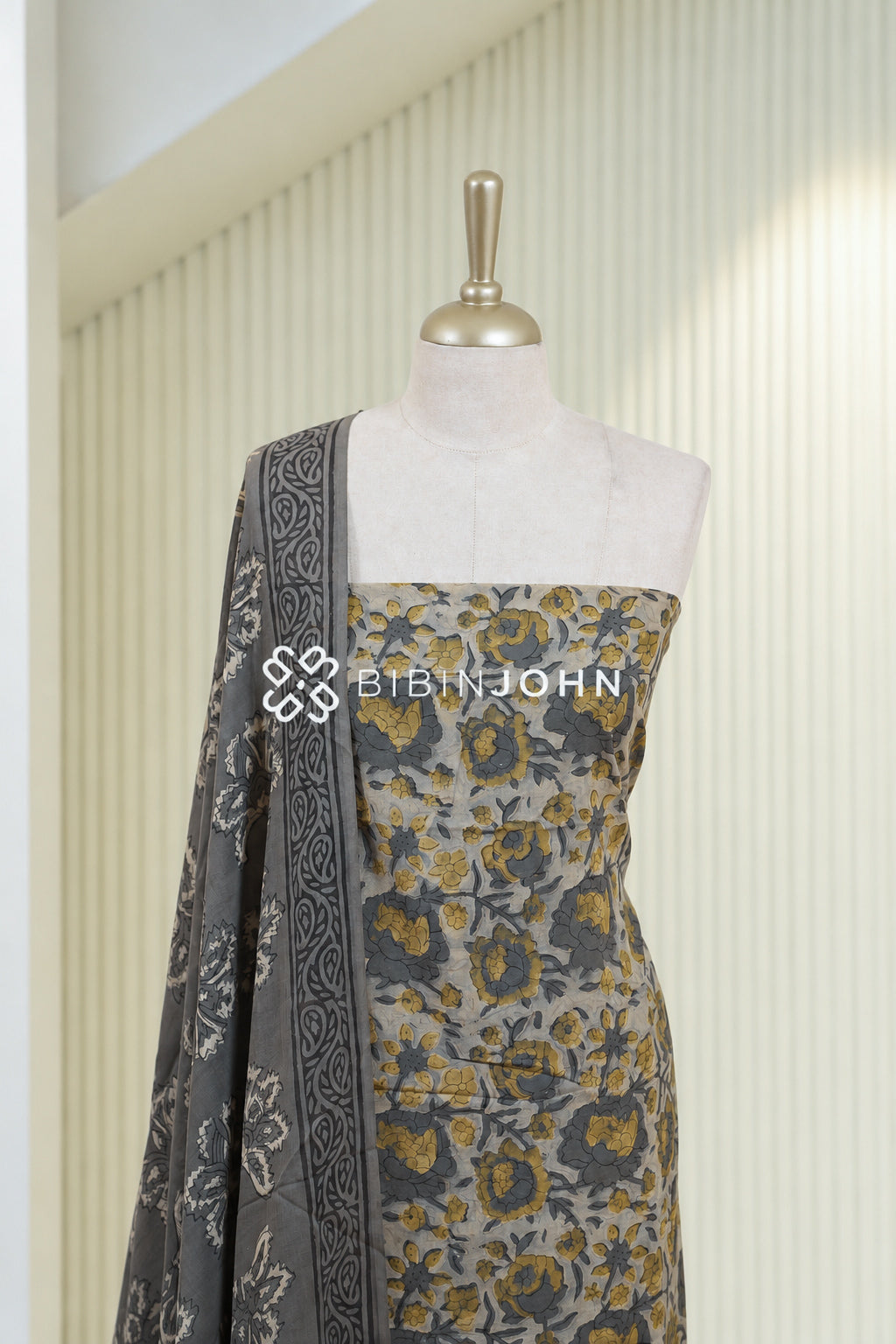 Cotton Ajrak Unstitched Salwar Suit Material  Light Grey BJ1832