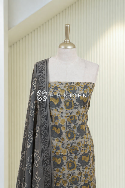 Cotton Ajrak Unstitched Salwar Suit Material  Light Grey BJ1832
