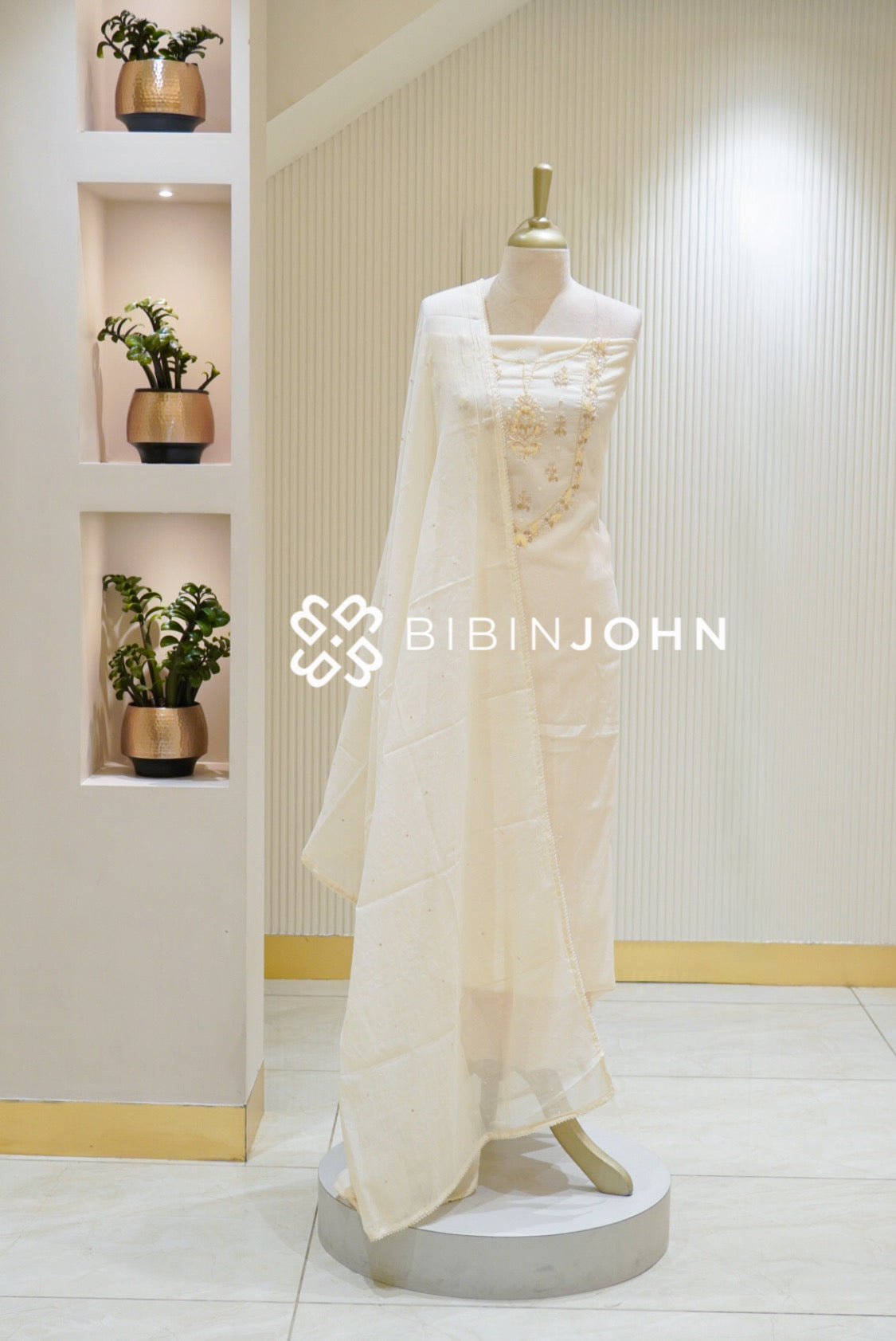 Chanderi Embroidery Unstitched Salwar Suit Material Ivory White BJ2836