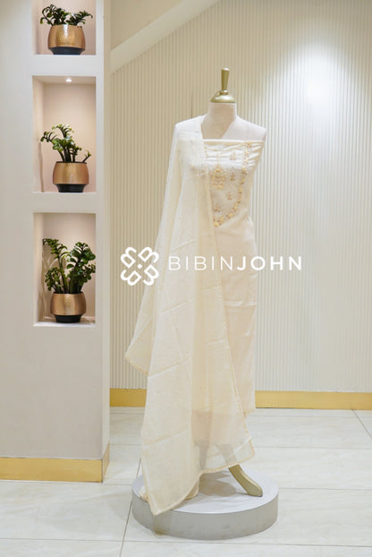 Chanderi Embroidery Unstitched Salwar Suit Material Ivory White BJ2836