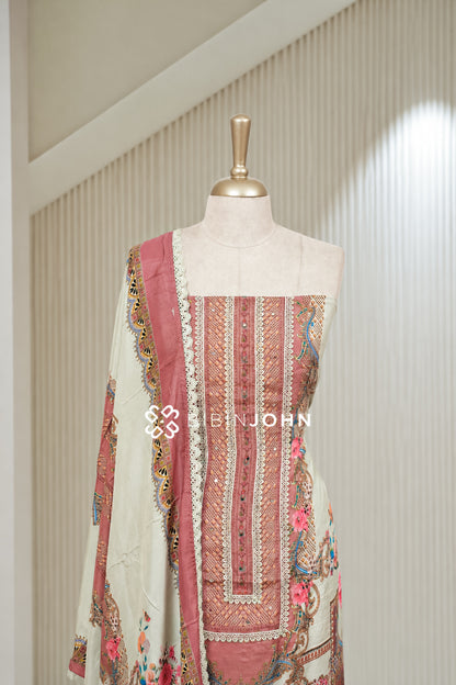 Semi Stitched Muslin Embroidery Salwar Suit Material Ivory Cream BJ1942