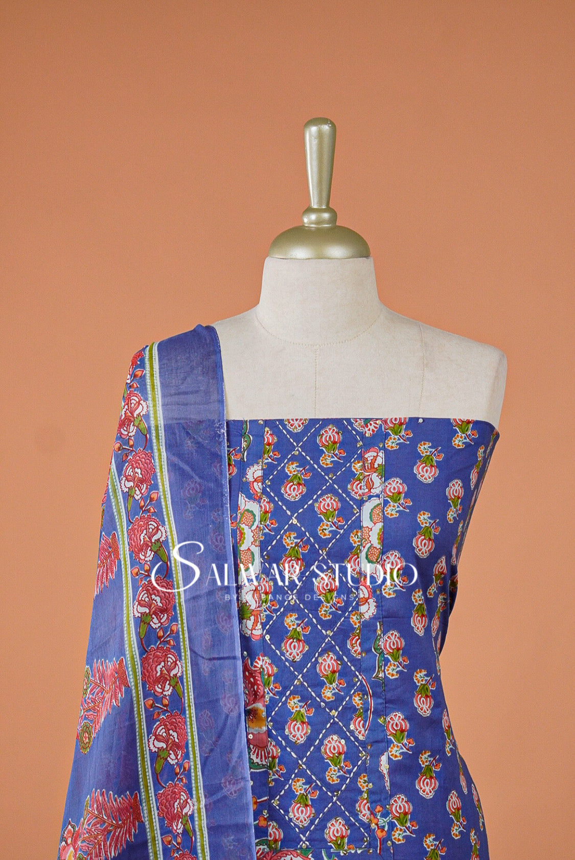 Printed Cotton Unstitched Salwar Suit Dress Material Royal Blue AC0166