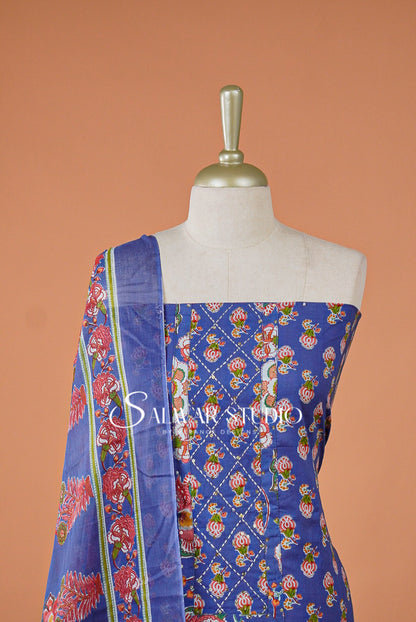 Printed Cotton Unstitched Salwar Suit Dress Material Royal Blue AC0166