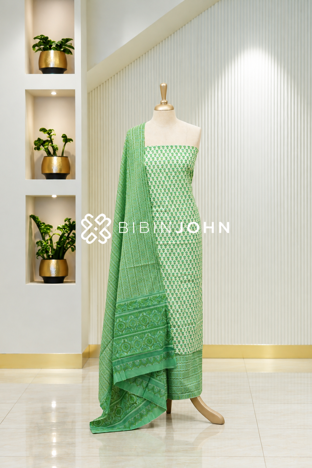 Printed Cotton Unstitched Salwar Suit Material Ivory with Green BJ1953