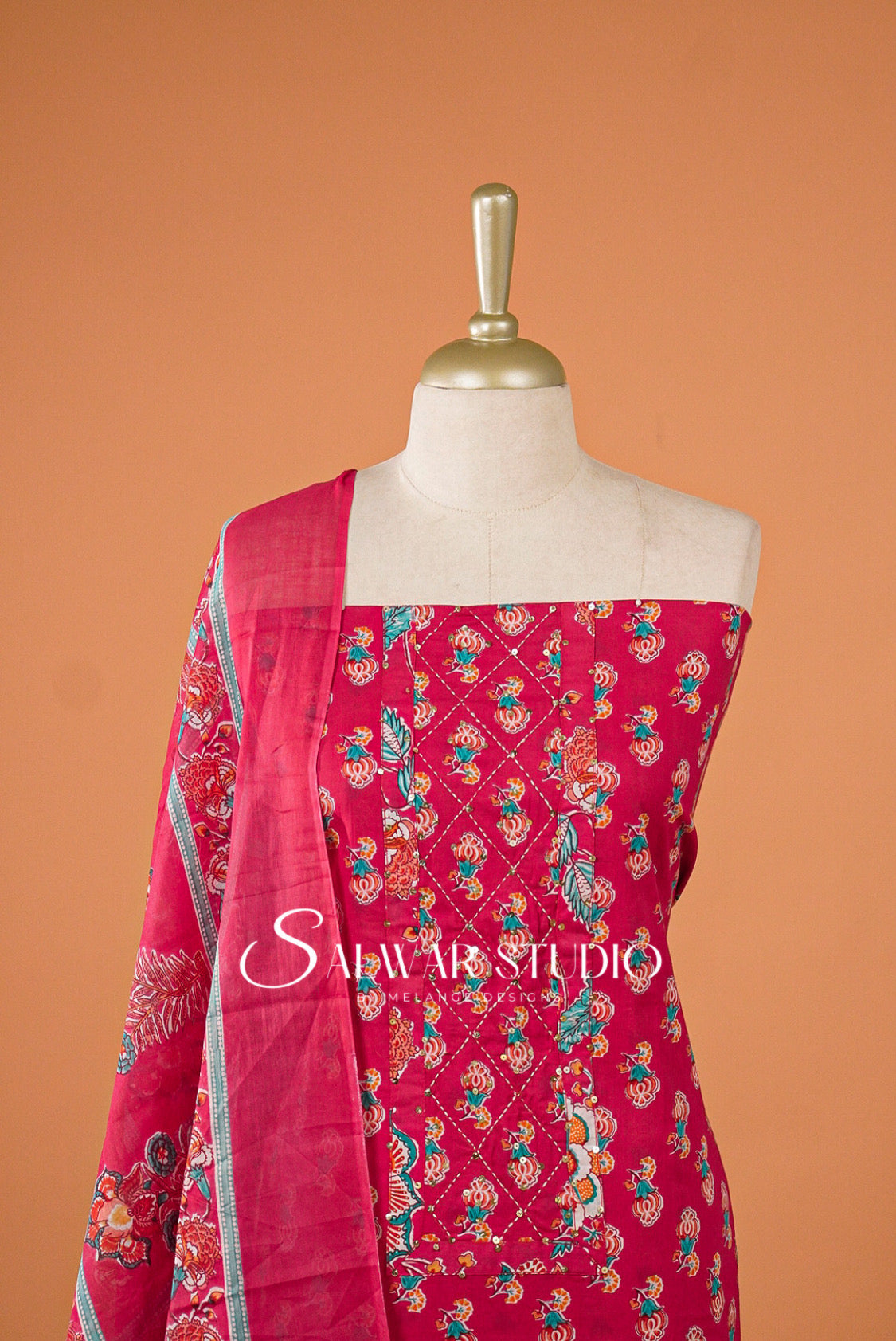 Printed Cotton Unstitched Salwar Suit Dress Material Rani Pink AC0163
