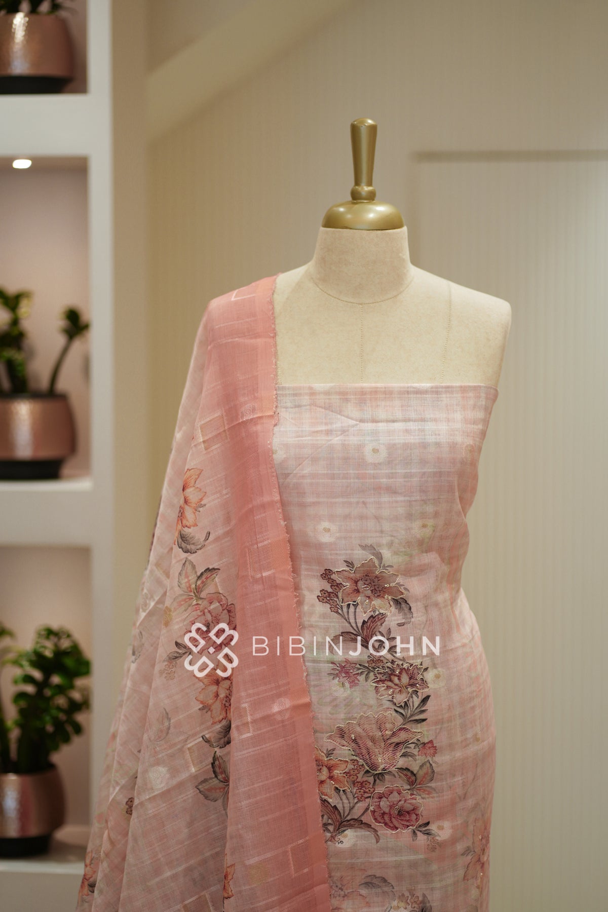 Art Linen Embroidery Unstitched Salwar Suit Material  Dusty Peach Pink BJ2373